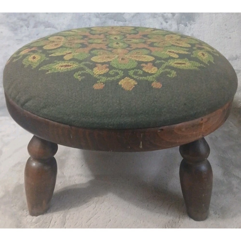 Vtg Ethan Allen Wood Footstool Turned Leg Original Needlework‎ Upholstery READ